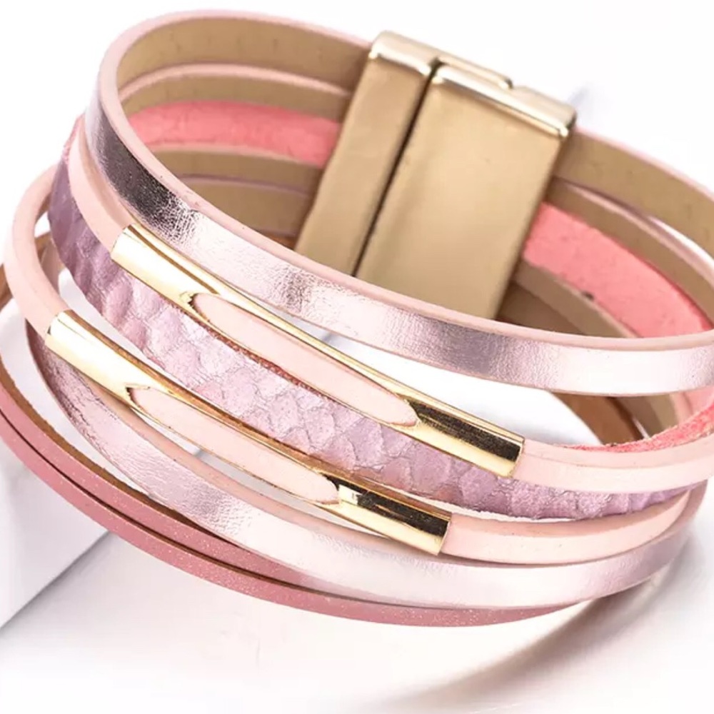 Pink wide wrap around GENUINE LEATHER bracelet.